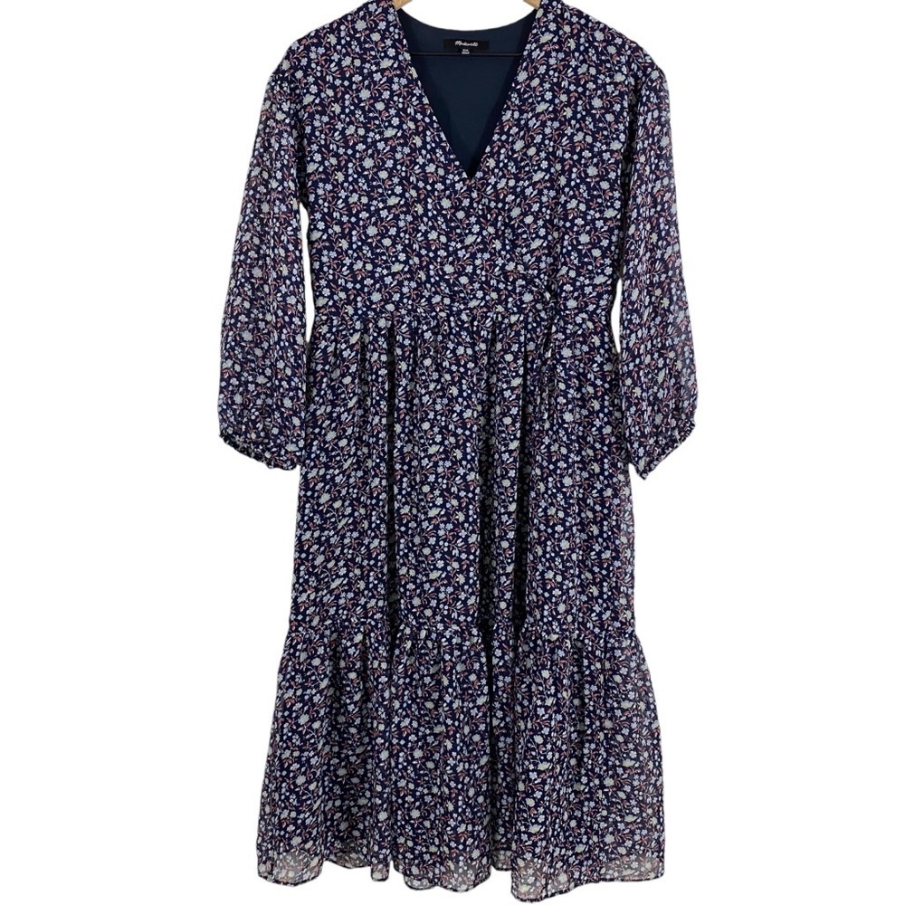 Madewell Tie-Waist Midi Dress Harvest Vine Blue Floral 2XS Sheer 3/4 Sleeve